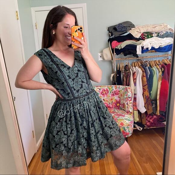 ALEXIS Green Black Floral Tulle Skirt Mini Dress Medium - Picture 5 of 15